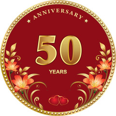 Anniversary 50 years, greeting card with flowers of lilies and hearts. Golden jubilee numbers on a red background in round golden frame. Vector illustration