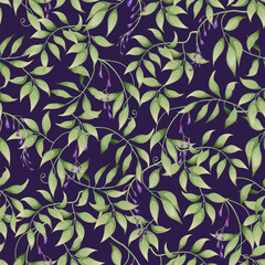 Seamless pattern with purple wisteria and green leaves on a dark background. Great for textile, fabric, wrapping paper, wallpaper.