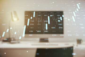 Abstract creative analytics data spreadsheet on modern computer background, analytics and analysis concept. Multiexposure