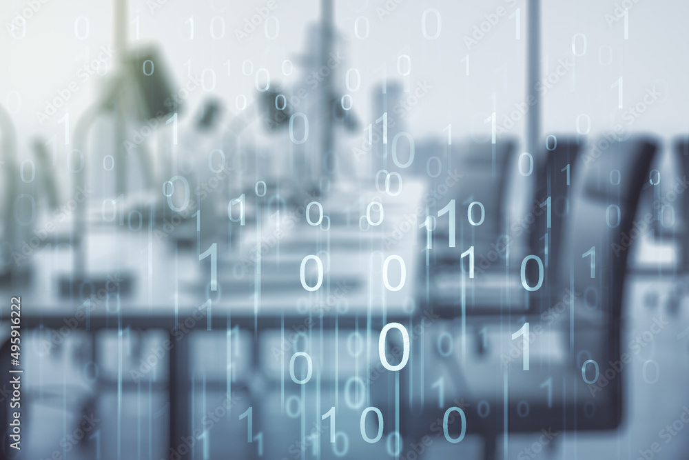 Poster abstract virtual binary code illustration on a modern furnished office background. big data and codi
