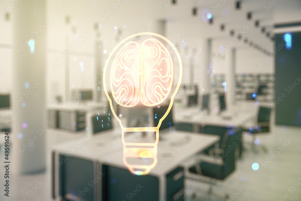 Aufkleber abstract virtual creative light bulb with human brain hologram on a modern furnished office interior