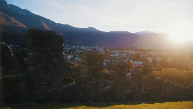 sunset from castle in bellinzona, ticino, switzerland,  overlooking the city, 4K