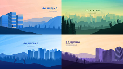 Vector illustration. Abstract background set. Flat concept wallpapers. Landscape collection. Design website template, web banner. Man and woman hikes with backpack. Tourist in park near city buildings
