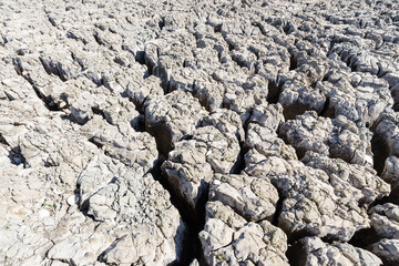 Terre argileuse sèche et craquelée avec de larges fissures profondes et superficielles. Illustration de la sécheresse
