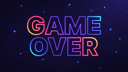 Game over phrase. Vector illustration of neon colored text over abstract hexagon background for your design