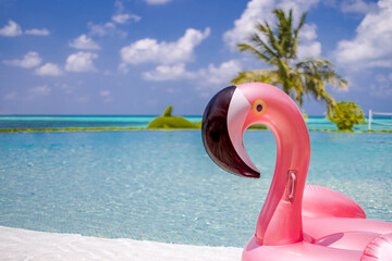 Summer swimming pool with inflatable pink flamingo, luxury resort hotel poolside. Happy blue cloudy...