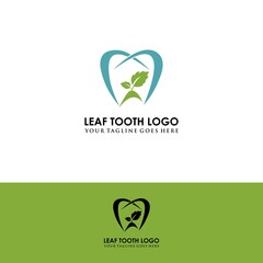 Dental logo design with leaf, vector illustration