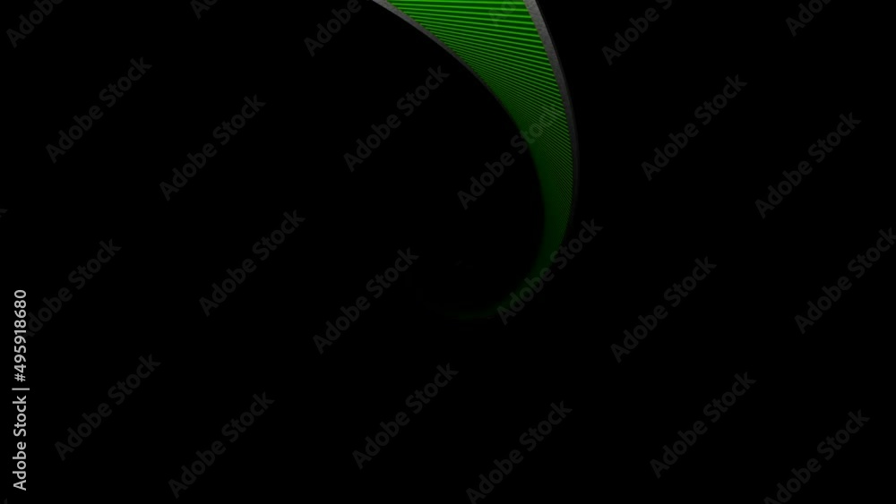 Poster rotating line with cyber trail. design. green path in computer space rotates on black background. di