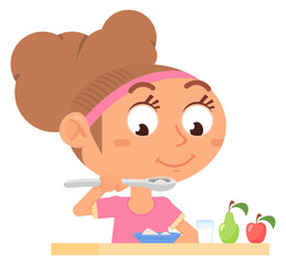 Girl eating healthy breakfast. Cartoon smiling kid