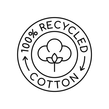 100% recycled cotton logo. Fabric made from reusable materials. Renewable  material label or stamp. Recycling cotton circle badge. Sustainable textile  industry sign. Vector illustration, flat, clip art Stock Vector