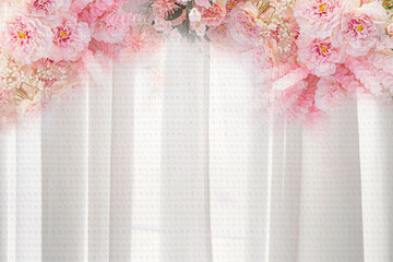 Double exposure of Wedding flower and white curtain with paper texture for sweet background design.
