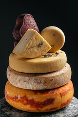 Various kind of cheese. head of handcrafted hard cheese on a dark background. vertical image. top...