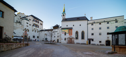 Hohensalzburg Castle inner courtyard towards the Hohe Stock and St. George Chapel in Salzburg city,...