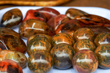 Close-up of painted wooden bead bracelet