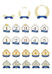 青いリボン装飾の月桂樹、星、王冠、紋章のランキングアイコンセット