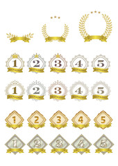 金色リボン装飾の月桂樹、星、王冠、紋章のランキングアイコンセット