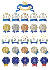 メダル、星、月桂樹のランキングアイコン、青いリボンのセット