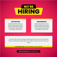 Hiring recruitment design poster. We are hiring join to team announcement lettering in speech window box vector illustration isolated on red background