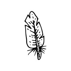 Feather line. The magical symbol of a birds feather. Retro writing tool. Boho style. Hand drawn vector doodle illustration. Simple outline element.