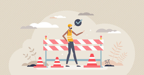 Construction safety and personal protection equipment tiny person concept. Road repair site risk prevention with striped lines, helmet and vest with safe work place rule management vector illustration - obrazy, fototapety, plakaty