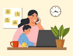 Young woman working at home with her cute baby.  Concept of studying at home, remote work, freelance. Modern parenthood. Flat vector illustration.