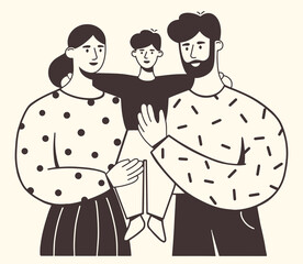 Happy family with a cute little son. Young mother and father holding their beloved baby in their arms. Love and care for loved ones. Flat vector illustration. Sketch style.