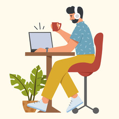 Working or studying at home office concept. Young man sitting at the table with laptop and headphones. He is watching movies, listening to music, studying or video calling. Flat vector illustration.
