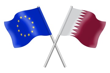 3D illustration flags of Europe and Qatar isolated on a white background