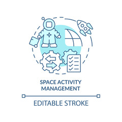 Space activity management turquoise concept icon. Spacetech trend abstract idea thin line illustration. Isolated outline drawing. Editable stroke. Arial, Myriad Pro-Bold fonts used