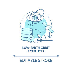 Low-earth orbit satellites turquoise concept icon. Wireless system. Spacetech trend abstract idea thin line illustration. Isolated outline drawing. Editable stroke. Arial, Myriad Pro-Bold fonts used