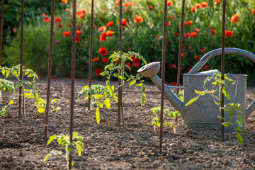 Arrosoir dans un jardin potager au milieu des légumes et des fleurs au printemps. © Thierry RYO