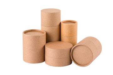 Set of paper tubes with paper caps in different sizes isolated on white background for your presentation. Mockup template for design. Cardboard containers for packaging