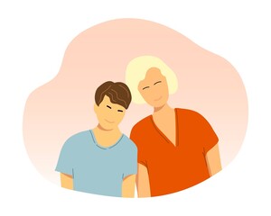 Simple color vector illustration. Grandmother with her teenage grandson. Relationships and family, older and younger generations.