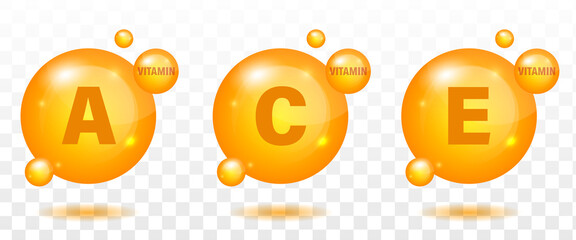 Vitamins A, C and E icon set. Pill capsule vector illustration on white isolated background. Drug business concept