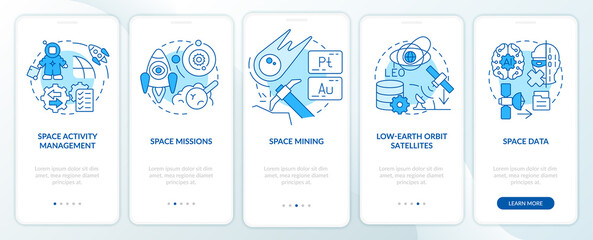 Trends in spacetech blue onboarding mobile app screen. Cosmos activity walkthrough 5 steps graphic instructions pages with linear concepts. UI, UX, GUI template. Myriad Pro-Bold, Regular fonts used