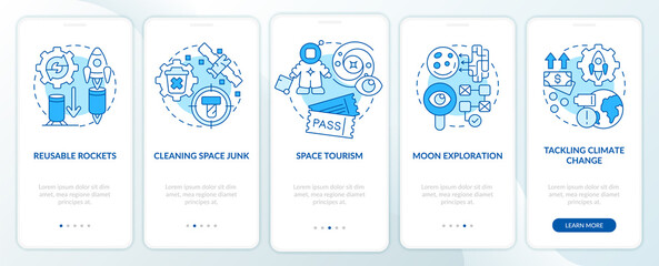 Fototapeta na wymiar Space technologies blue onboarding mobile app screen. Exploration walkthrough 5 steps graphic instructions pages with linear concepts. UI, UX, GUI template. Myriad Pro-Bold, Regular fonts used