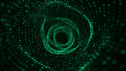 Abstract dynamic wireframe tunnel on green background. Deep wavy wormhole. Futuristic particle flow. 3d rendering.