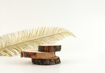 Wooden eco rustic wood circle disc platform podium and gold palm leaf on beige background. Minimal...