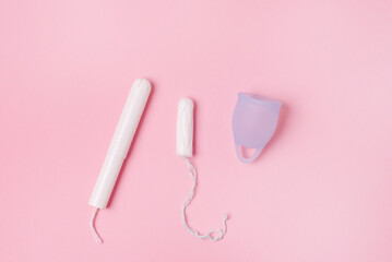 Blue Menstrual Cup on Pink Background Female Intimate Hygiene Period Products Horizontal