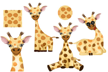 Set of watercolor giraffe. Adorable watercolor giraffe kids isolated on white background. safari giraffe © Griyolabs