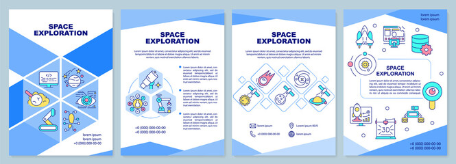 Naklejka premium Space exploration blue brochure template. Cosmos researching. Leaflet design with linear icons. 4 vector layouts for presentation, annual reports. Arial-Black, Myriad Pro-Regular fonts used