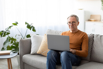 Confident casual mature man using laptop at home