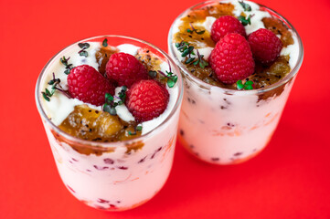2 glass with coconut mousse,raspberry, kiwi jam and tiny herb leaf on red background