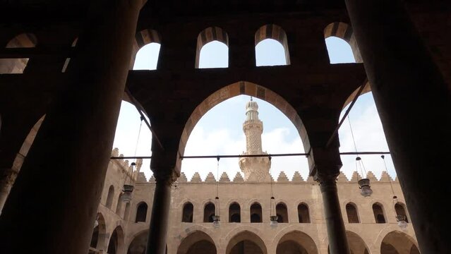 Minaret seen from courtyard of Sultan al-Nasir Muhammad ibn Qalawun mosque, Salah al-Din al-Ayyubi citadel at Cairo in Egypt. Low angle