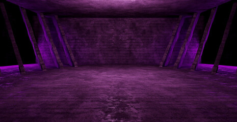 Extraterrestrial Basement Hangar Corridor Warehouse Club Dance Studio Showroom Dark Purple Violet Banner Background Wallpaper Concept Of The Future 3D Illustration © lumerb