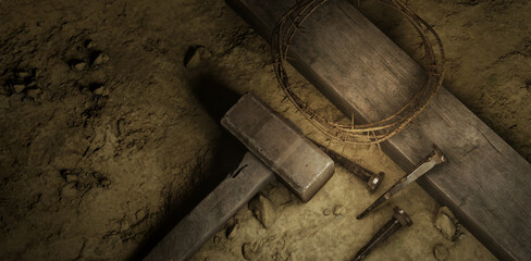 Crucifixion Of Jesus Christ. Cross With three Nails And Crown Of Thorns on ground Good Friday Easter Background