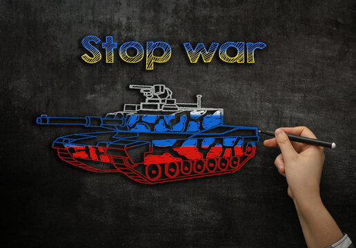  a Russian tank is drawn on the school board with the text stop war