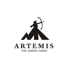 Illustration of Greek Goddess Artemis with bow and arrow logo on top of a mountain.