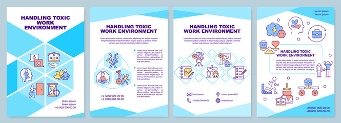 Fototapeta na wymiar Handling toxic work environment brochure template. Poor relationship. Leaflet design with linear icons. 4 vector layouts for presentation, annual reports. Arial-Black, Myriad Pro-Regular fonts used