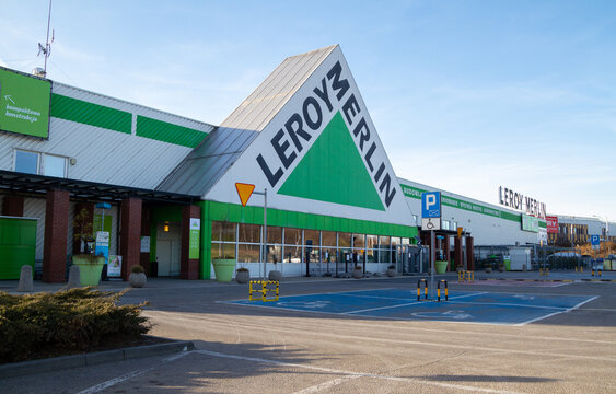 Leroy Merlin Krak&oacute;w Modlniczka shop, large signboard with brand logo sign. French retail company, home improvement retailer store on March 24, 2022 in Krakow, Poland.